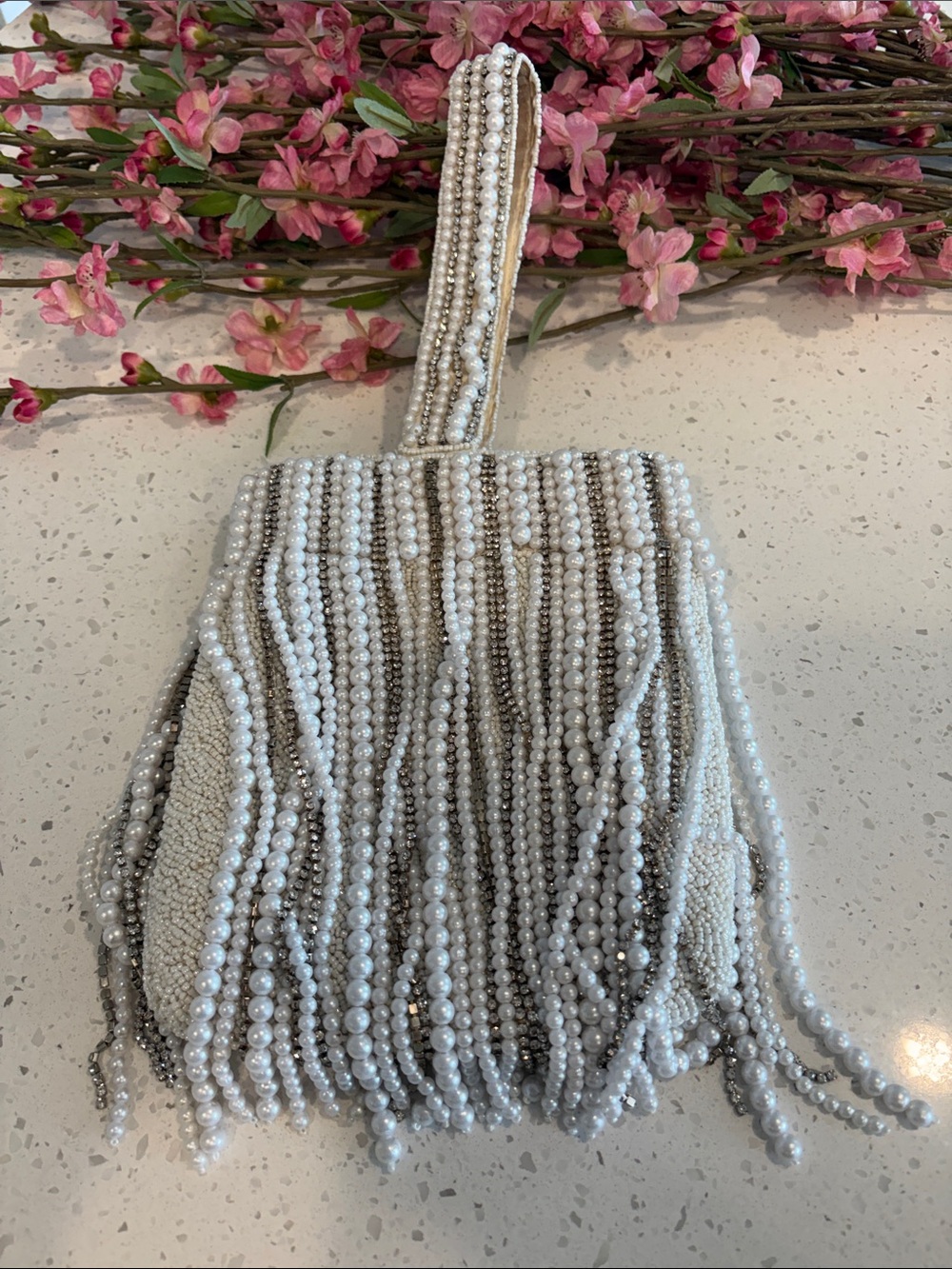 Pearl Beaded Fringe Evening Bag - White and Silver - Picture 2 of 2